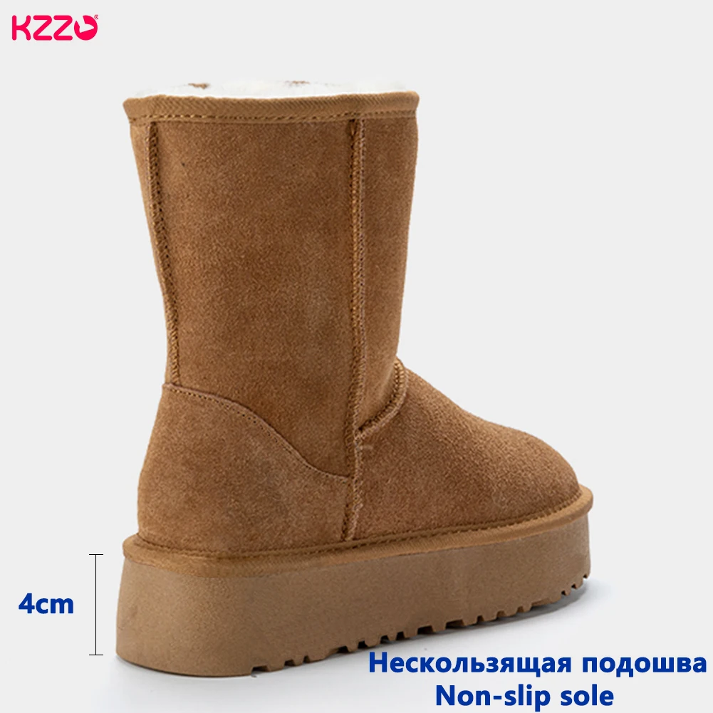 KZZO Women's Genuine Leather Sheepskin Snow Boots Mid-Calf Platform Natural Fur Lined Warm Winter Shoes Australian Style - view 3
