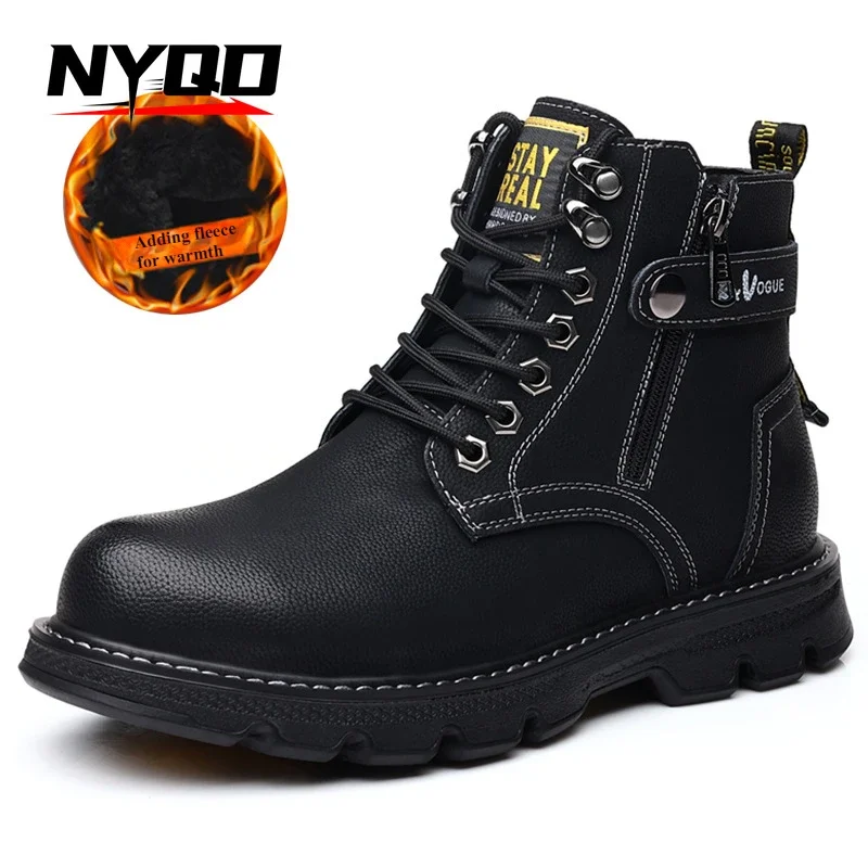 Martin Boots for Men Mid High, Thick Soled Winter Black Workwear Boots Retro British Style Męskie skórzane buty Buty motocyklowe