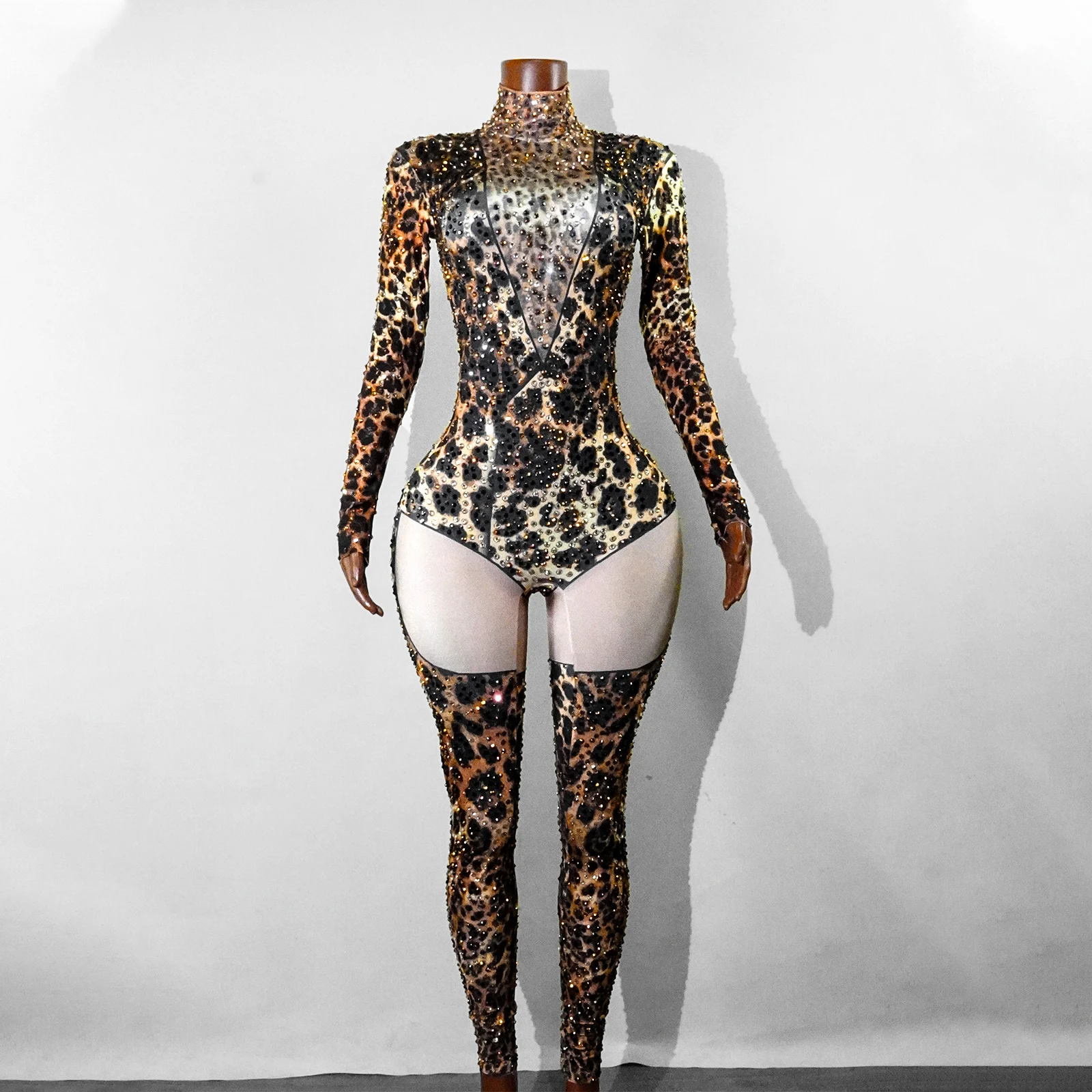 

Fashion Sparkle Rhinestones Jumpsuit Leopard Print Sexy Nightclub Party Birthday Drag Queen Poledance Singer Stagedancer Clothin
