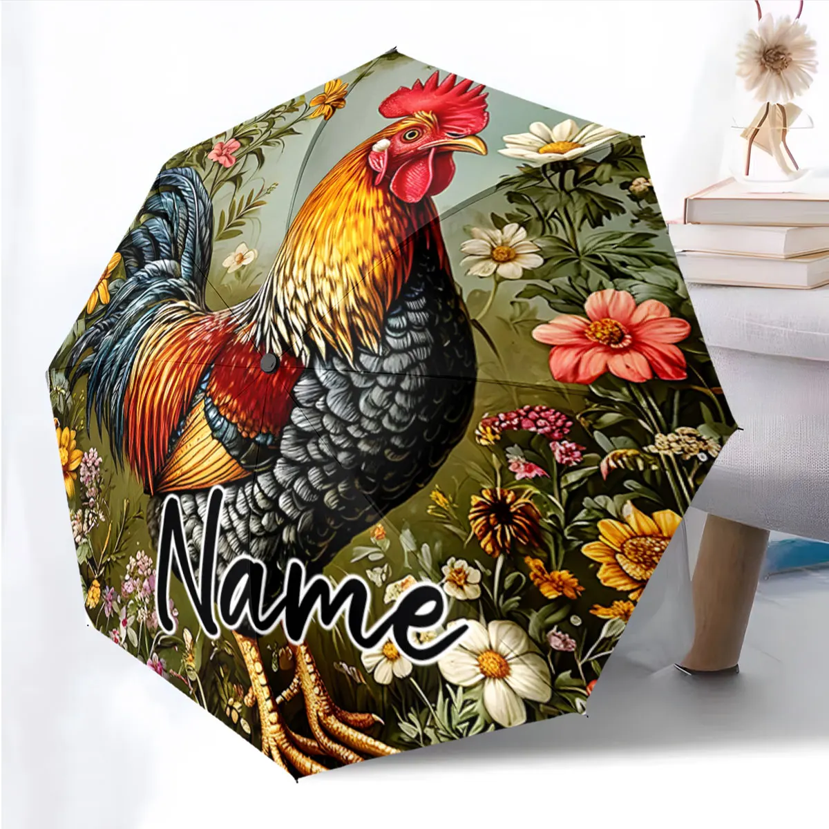 Custom Name Colorful Rooster Umbrella with Floral Background Print 8 Iron Ribs Folding Umbrella Auto-Open Fashion Sunshade