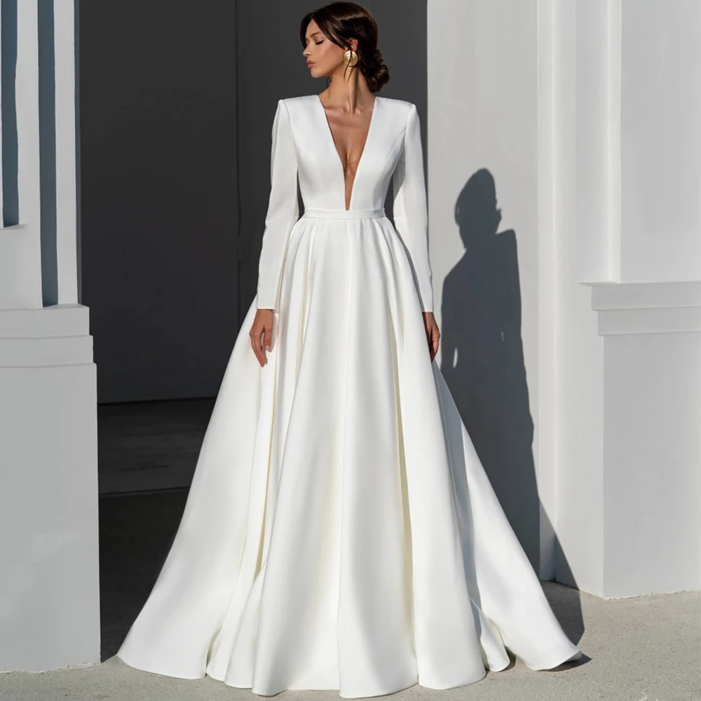 Elegant A-Line Floor Length Wedding Dress V-Neck and Long Sleeves Satin with Belt Illusion Back Sweep Train Bridal Gowns Robe