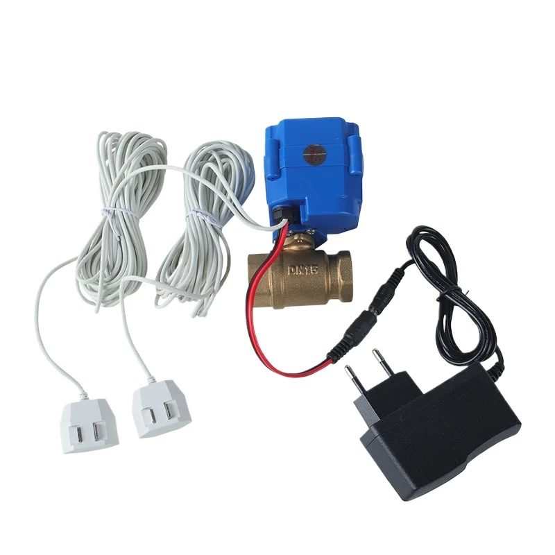 `Water Leak Alarm Valve with 2Pcs Water Sensor Cables, Automatic Water Shut‑off Valve with EU Plug Power Supply`