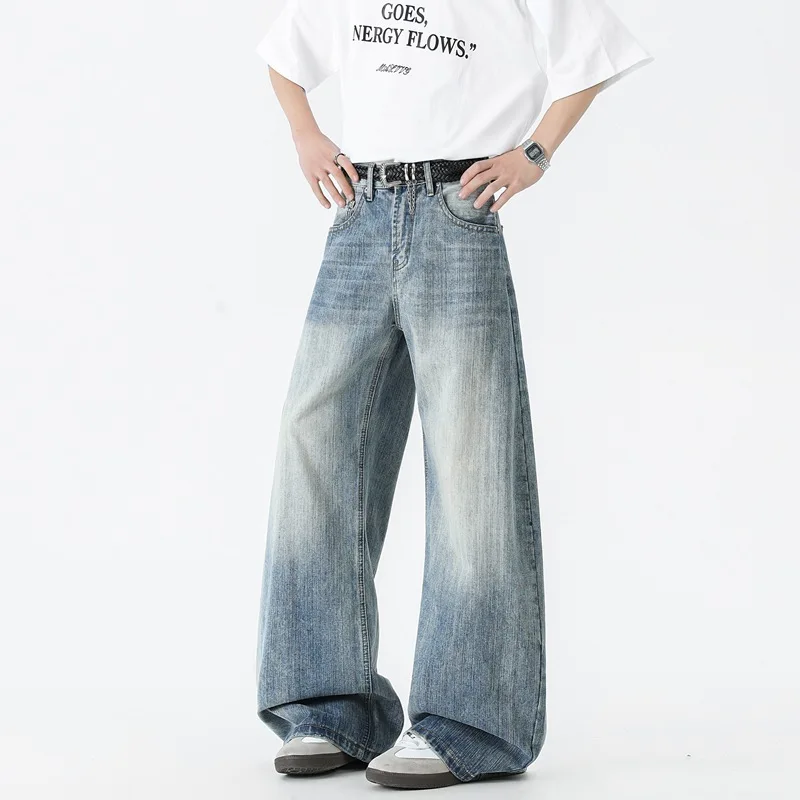 American New Fashion Four Seasons Men Floor Length Casual Simple Daily Wide Leg Denim Trousers Male Trendy Basic Jeans Pants