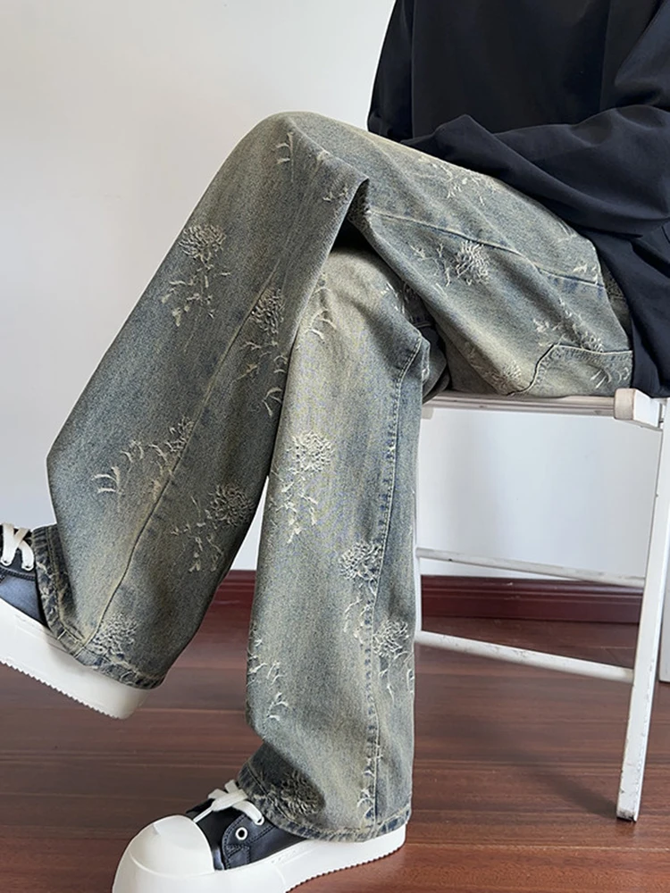 

Men's Straight Leg Jeans Denim Pants American Retro High Street Embroidery Cleanfit Bootcut Trousers Autumn Winter Faion