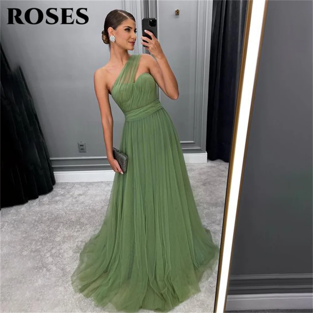 ROSES-vestido de graduación de un hombro para mujer, vestido de noche de Boda Verde Salvia de red, vestido de noche de playa, vestidos formales