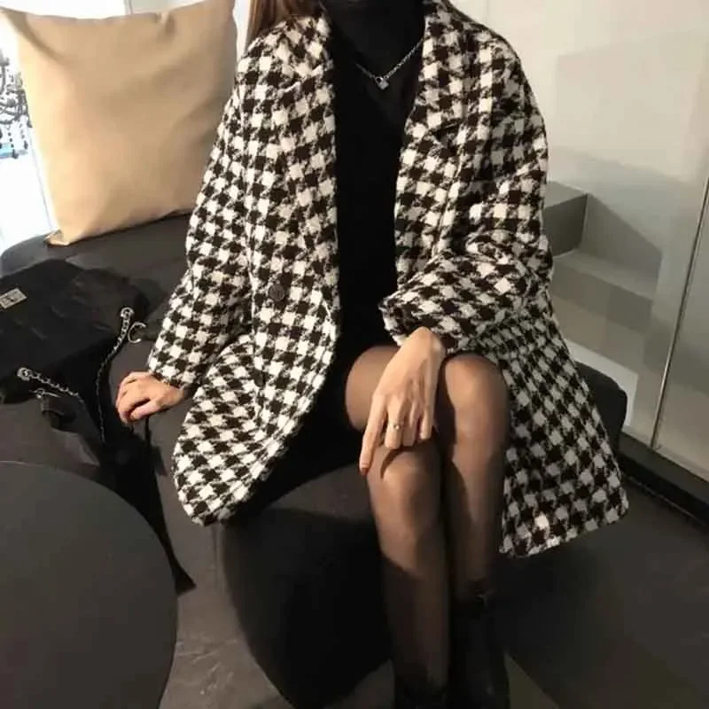 Fashion Houndstooth Faux Wool Jacket Women Korean Loose Elegant Double Breasted Suit Overcoat Winter Thick Warm Blend Outerwear