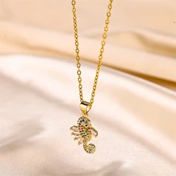 New Color Inlaid Cubic Zirconia Seahorse Pendant Necklace Women's Personalized Fashion Clavicle Chain Jewelry