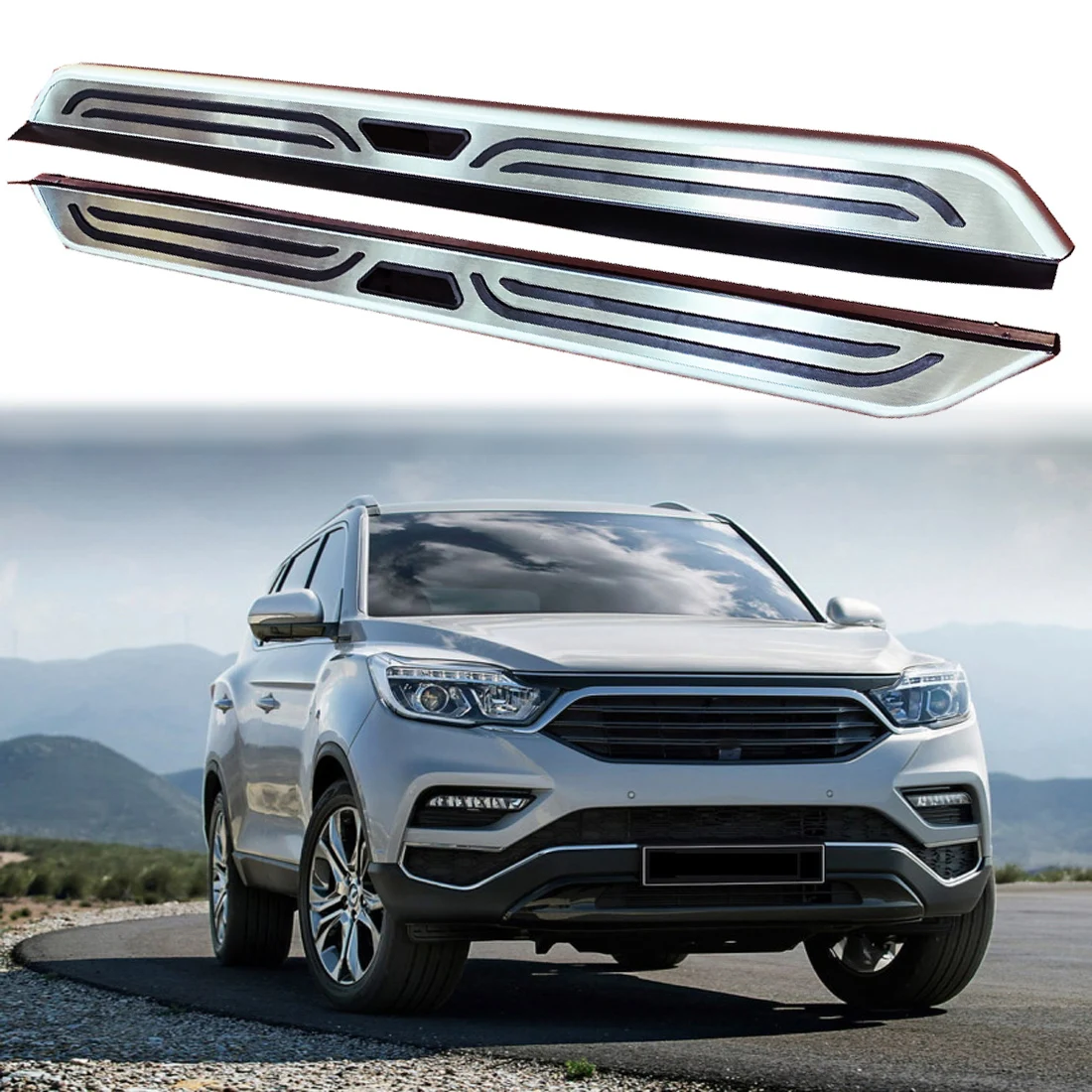 

2PCS Side Step fits for SsangYong G4 Rexton 2018 2019 2020 2021 2022 2023 2024 Running Board Nerf Bars Stairs Aluminium Pedal