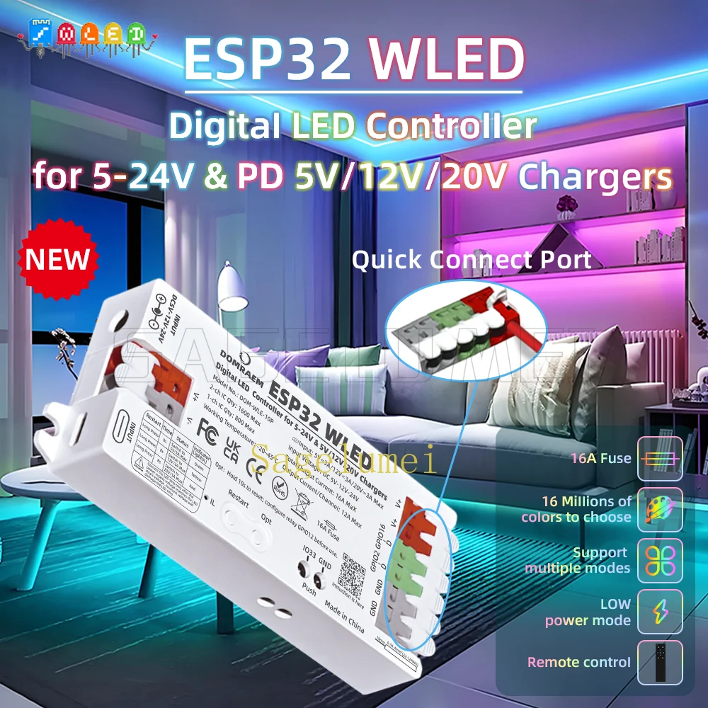 PD Power Fast Setup DOMRAEM ESP32 WLED Controller with Mic Dual 5-24V DC Input, 16A Fuse for WS2811 WS2812B WS2805 SK6812 APA102