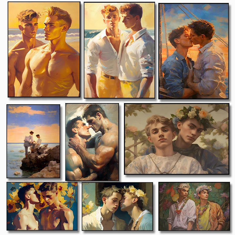 Handsome Gay Man Couple Kissing Vintage Posters and Prints Canvas Printing Wall Art Picture for Living Room Home Decor Gifts