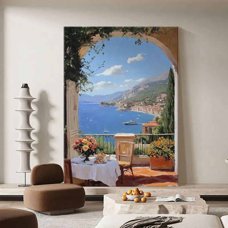 French retro sea view  decoration modern hand-painted oil painting sofa background wall  entrance hanging painting advanced