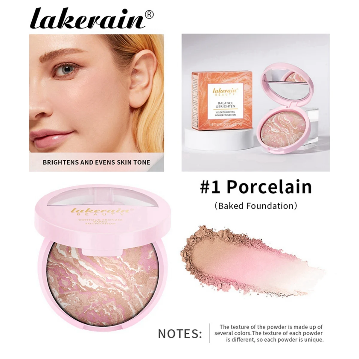 A71P Baked Brighten Foundation, Oil Control Color Correcting Balance Foundation Natural Matte Powder Foundation 1 Porcelain