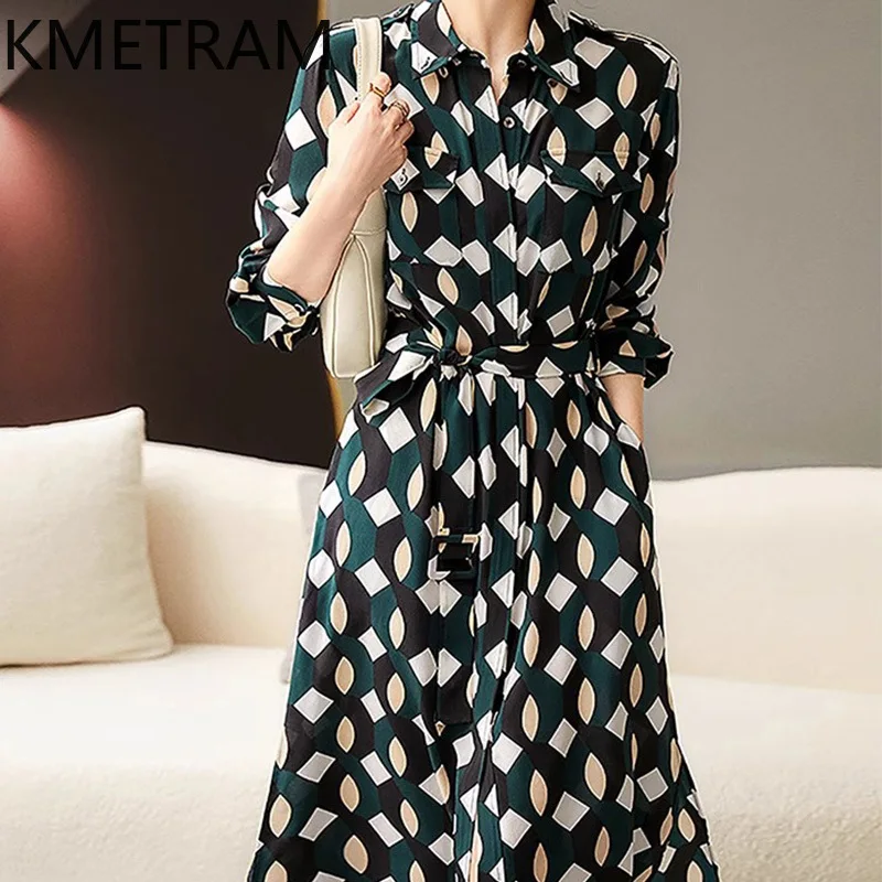KMETRAM 100% Natural Mulberry Silk Dresses for Women Plaid Print Shirt Dress Belted Long Frocks Summer Woman Clothing 2026 원피스