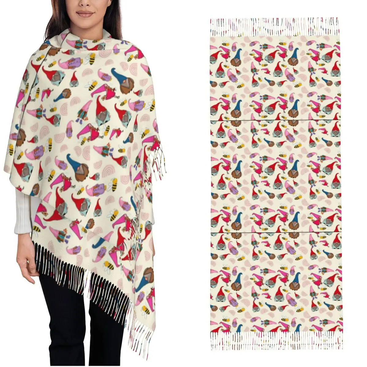 Garden Gnome Christmas Pattern Scarf for Womens Winter Fall Shawl Wrap Long Large Scarves with Tassel Daily Wear
