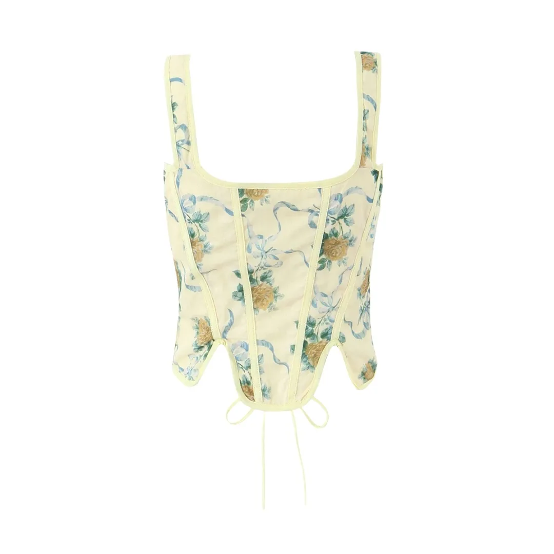 Women Sleeveless Summer Lace Up Bandage Callie Lemon Rose Print Reversible Cotton Corset Top