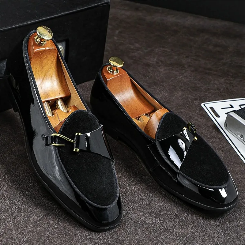 New Men's Leather Shoes Loafers 2025 Patent Leather Stitching Suede Metal Decoration Male Comfortable Dress Shoes for Man Oxford