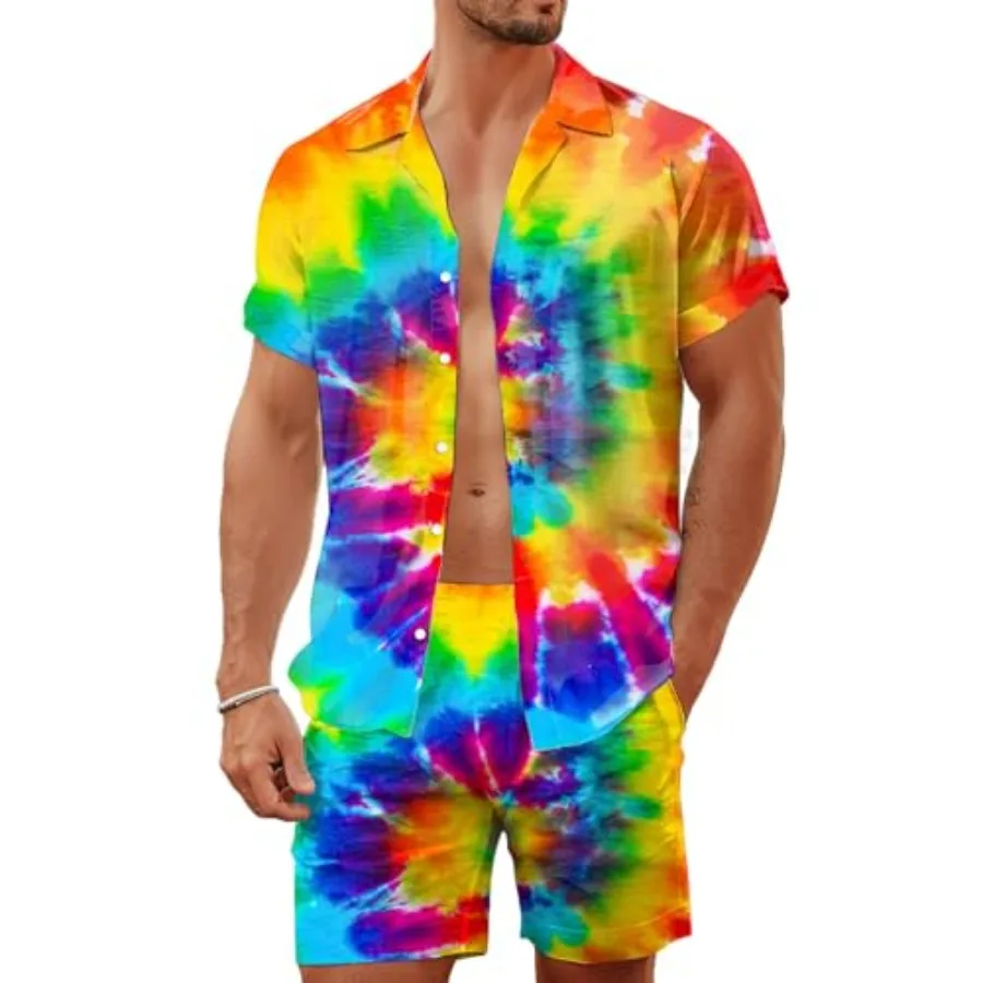 

80s 90s Men's Hawaiian Outfits 2 Pcs Shirt and Shorts Sets Button Down Beach Suits Disco Party