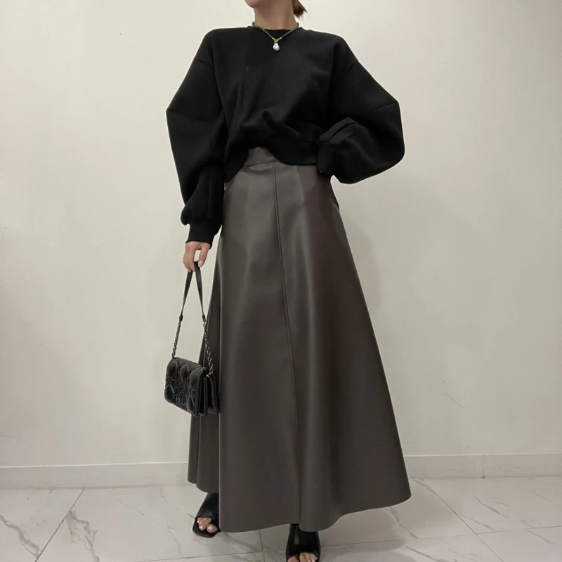 Retro High Waist Slimming PU Half Skirt Commute Style with Pockets Standard Fit mid Length A-Line Pure Color Everyday Wear