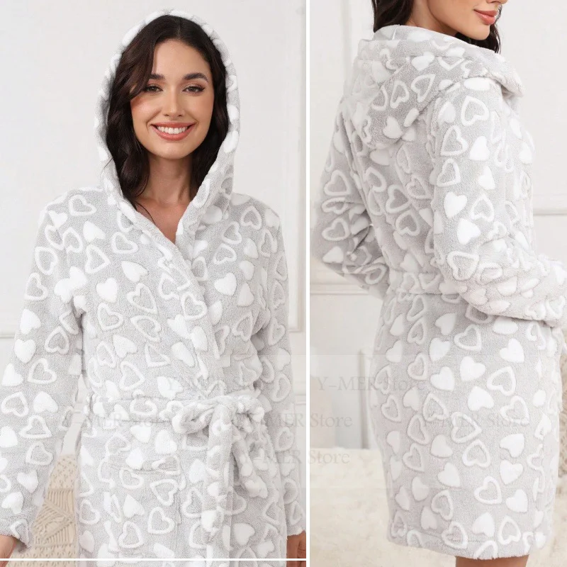 

Grey Hooded Nightgown Short Kimono Gown Intimate Lingerie Print Sleepwear Warm Flannel Bathrobe Sexy Robe with Pocket