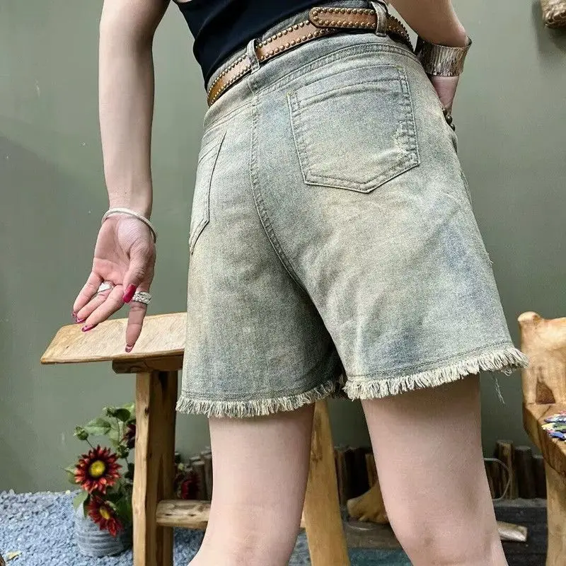 Rebites finos estilo hong kong retro denim shorts para mulheres novo tamanho grande solto emagrecimento calças de cinco pontos de perna larga