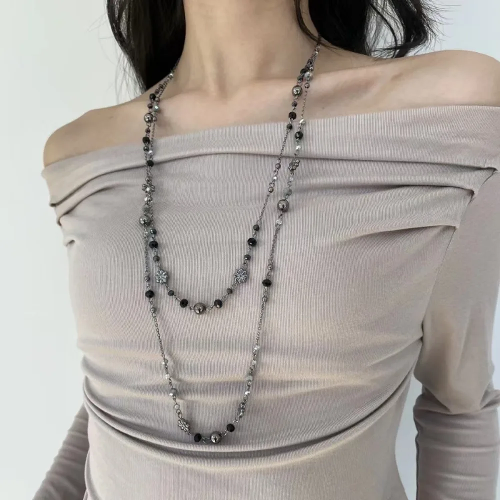 Retro Double Layer Chain Necklace Women's Bohemian Spicy Girl Vintage Long Ethnic Style Colorful Flower Beaded Sweater Chain
