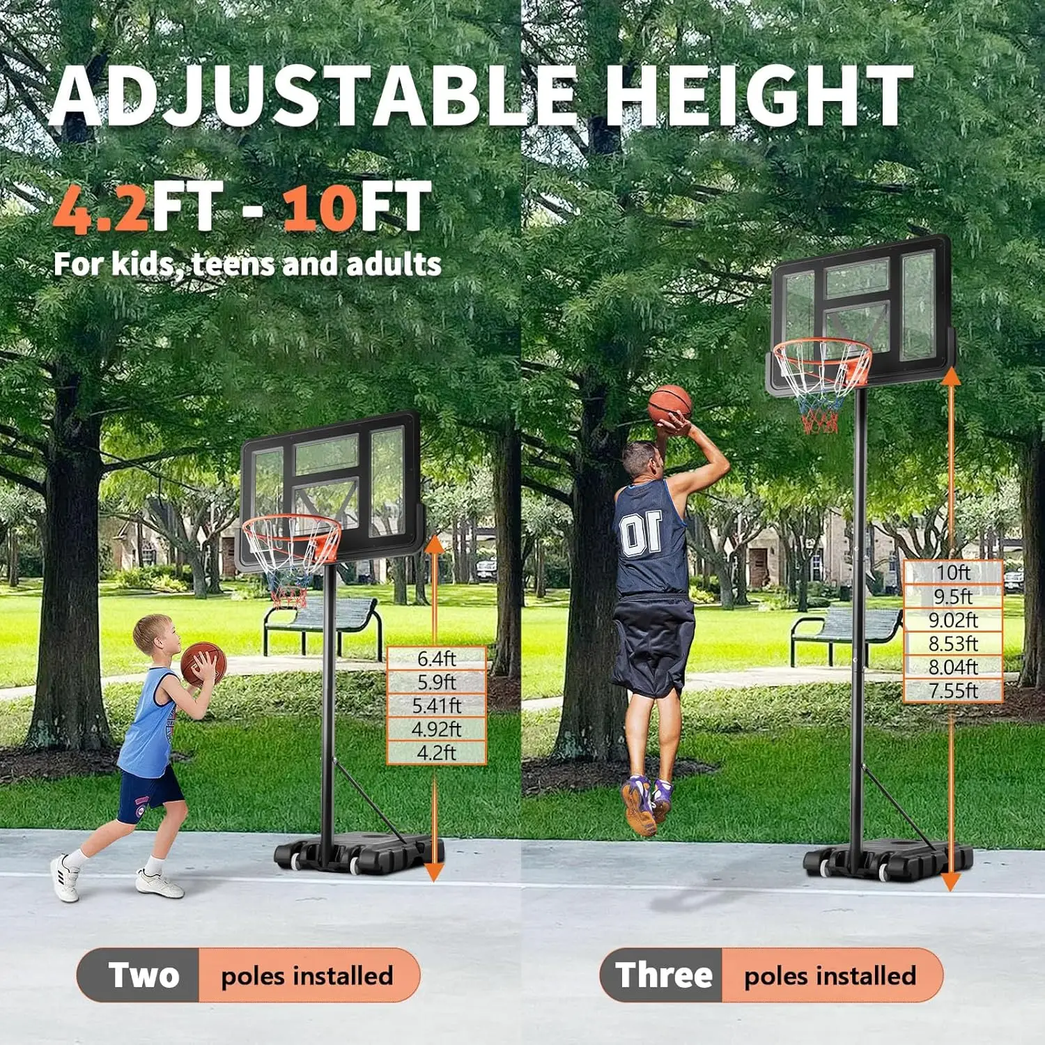 10FT Adjustable Height Portable Basketball Hoop Outdoor for Kids/Youth/Adult, 44 Inch Shatterproof Backboard w/Shock Absorbent R