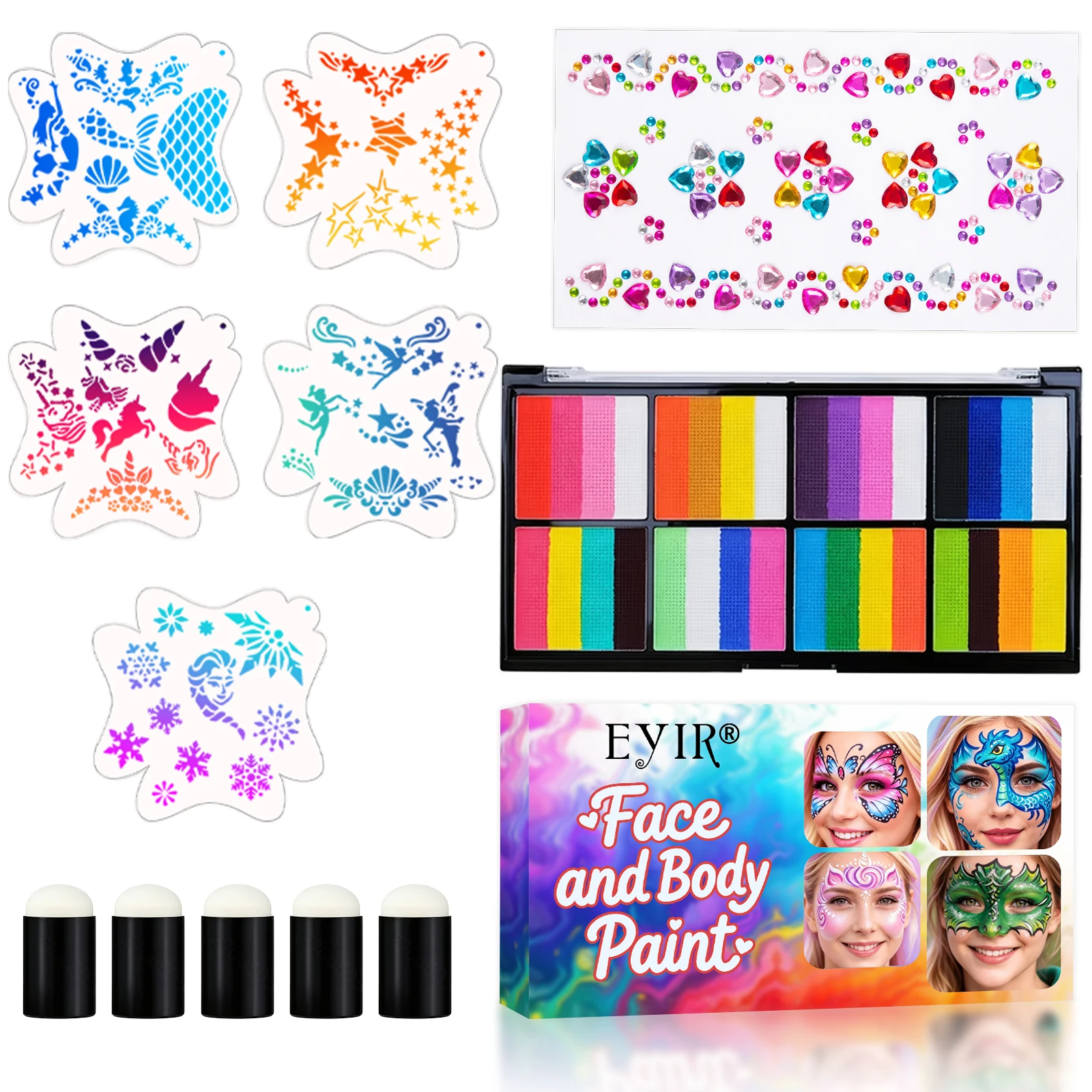 32 Color Face Body Paint Palette 5 Reusable Stencils Rhinestone Sticker 5 Finger Sponges DIY Makeup Kit Halloween Party Festival