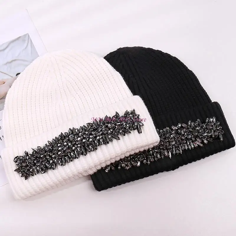 49ME لون خالص لامع لحجر الراين قبعة صغيرة قبعة متماسكة قبعة صوف للشتاء يوميًا W #1