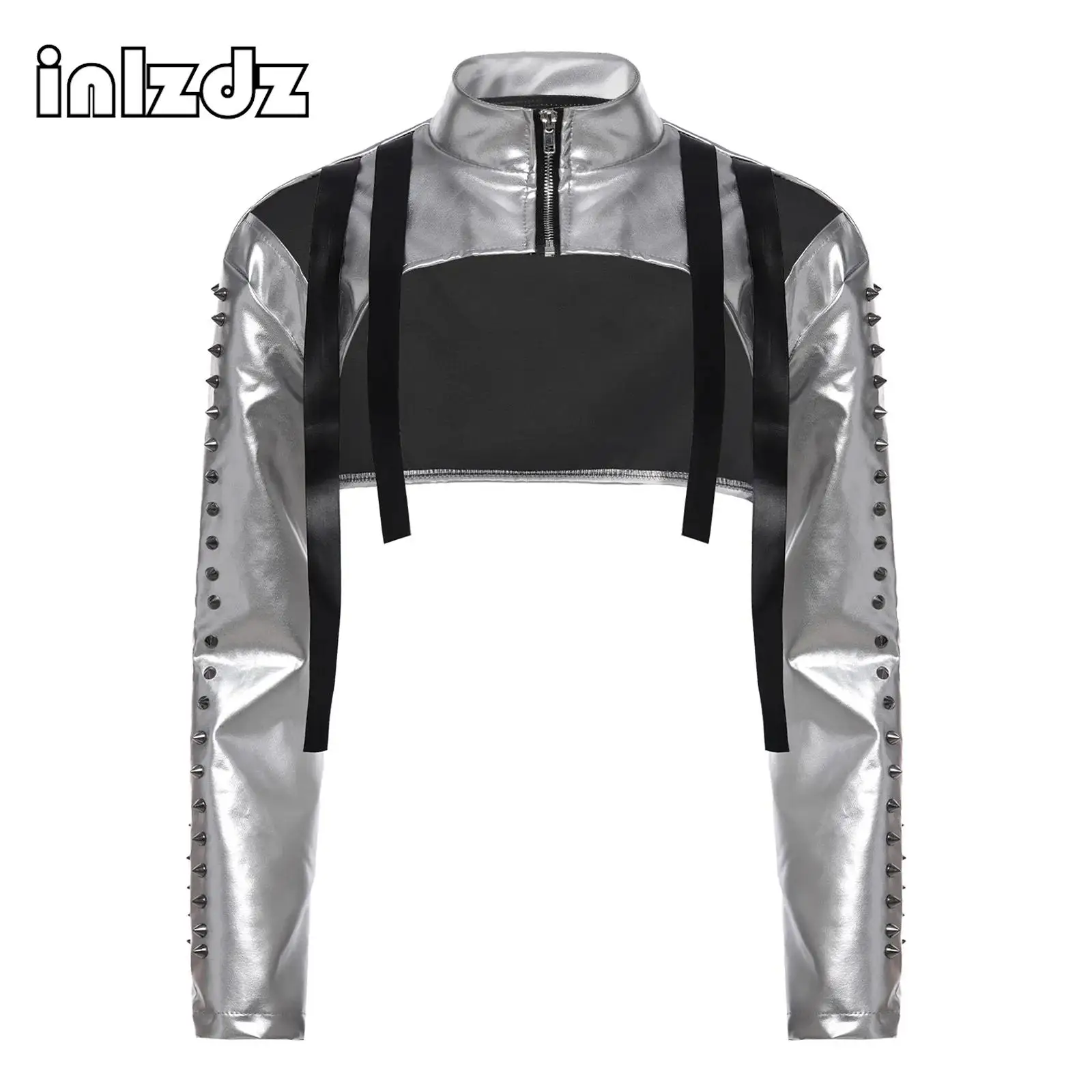 

Women Metallic Shiny Rivet Details Jazz Hip-hop Dance Costume Tops Cutout Shoulders Long Sleeve Crop Jacket for Club Stage Dance