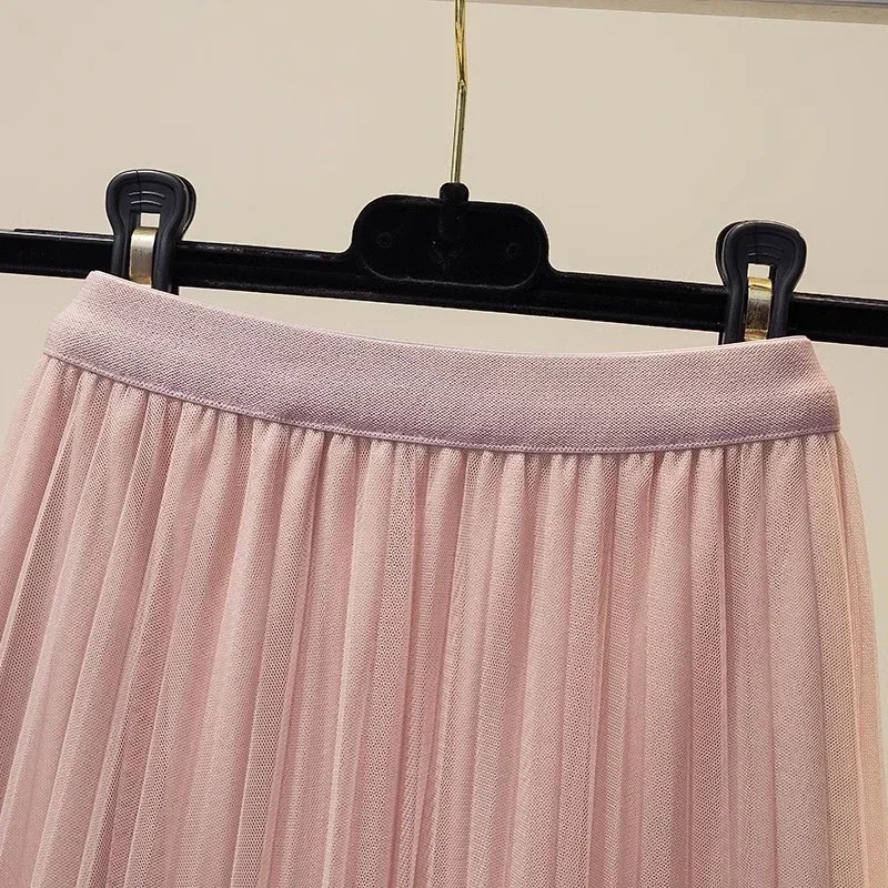 Elegant Pearl Tulle Skirts Women 2025 Fashion High Waist Faldas Largas Casual Korean Pink Mid Length A Line Pleated Skirt Black