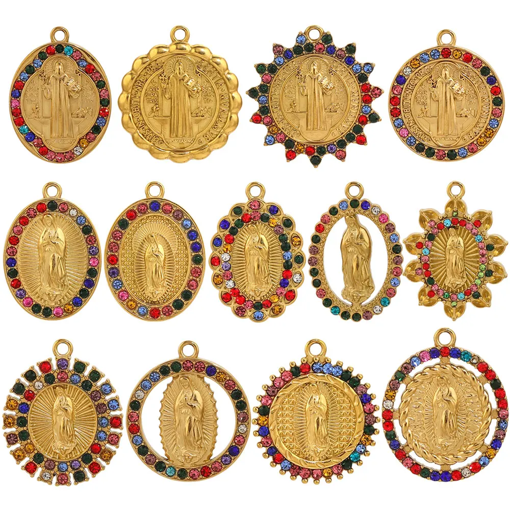 2pcs Stainless Steel Crystal Virgin Mary Pendant Religion Charms For Jewelry Making DIY Santa Maria Necklaces Jewelry Pendants