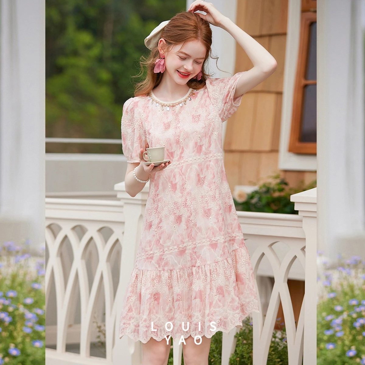 

Платье миди LOUISYAO с вышивкой и кружевной отделкой, летнее, 2025, женское, с круглым вырезом, прямым кроем плеча и пышными рукавами, повседневное