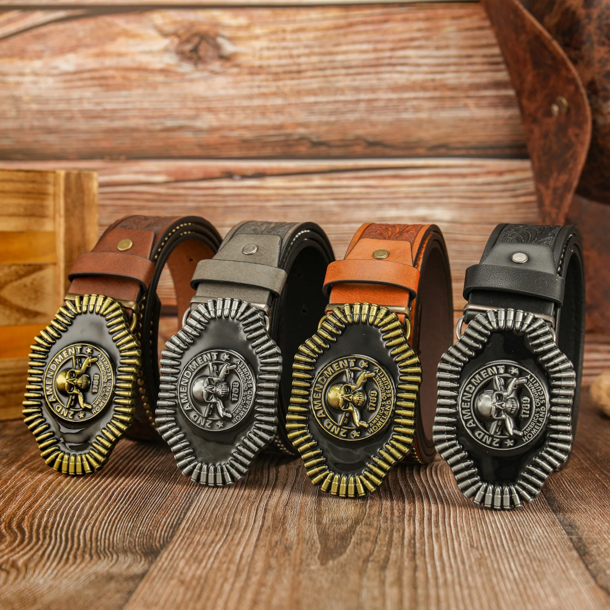 Bullet-shaped lace oil drip ghost head buckle rock personality skull head PU embossed rivet belt unisex belt