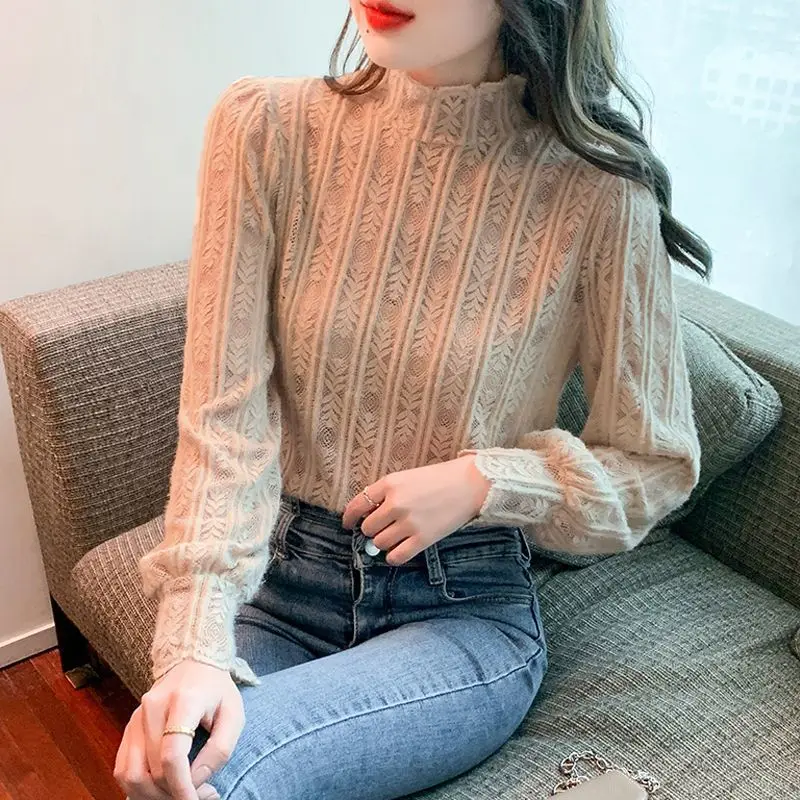 

Autumn Winter Women's Pullover Round Neck Solid Lace Embroidery Flocking Lantern Long Sleeve T-shirt Fashion Casual Elegant Tops