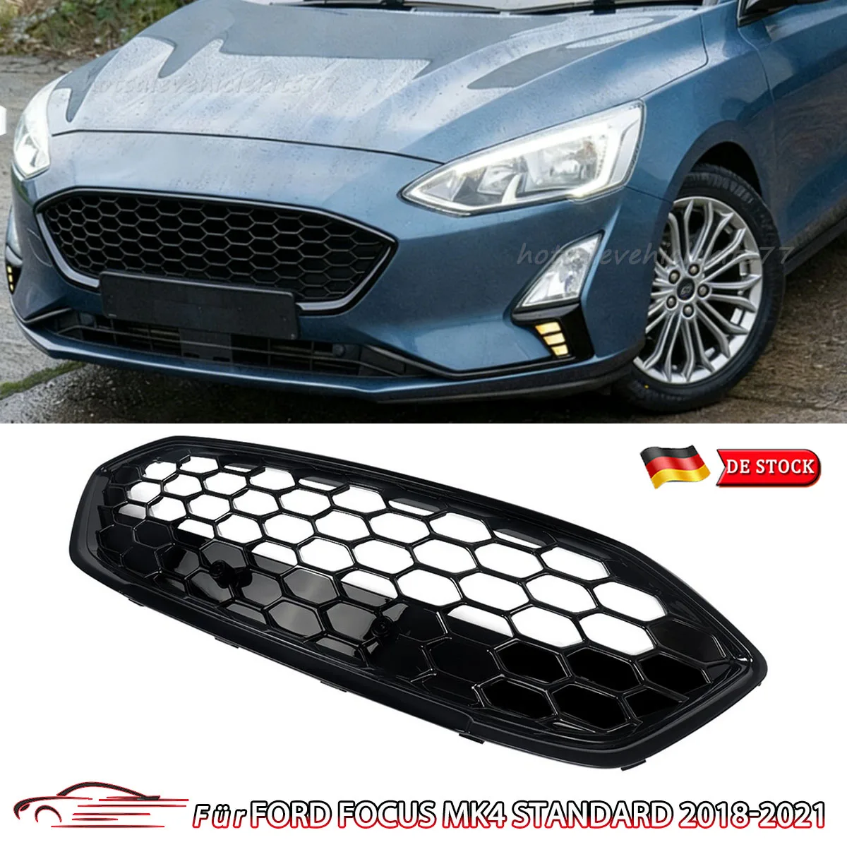 Für Ford Focus ST Style 2019~2021 Frontstoßstange Wabengitter Oberer Grill Ersatz-Karosserieteile Hochglanz-Schwarz Mittlerer Renngrill