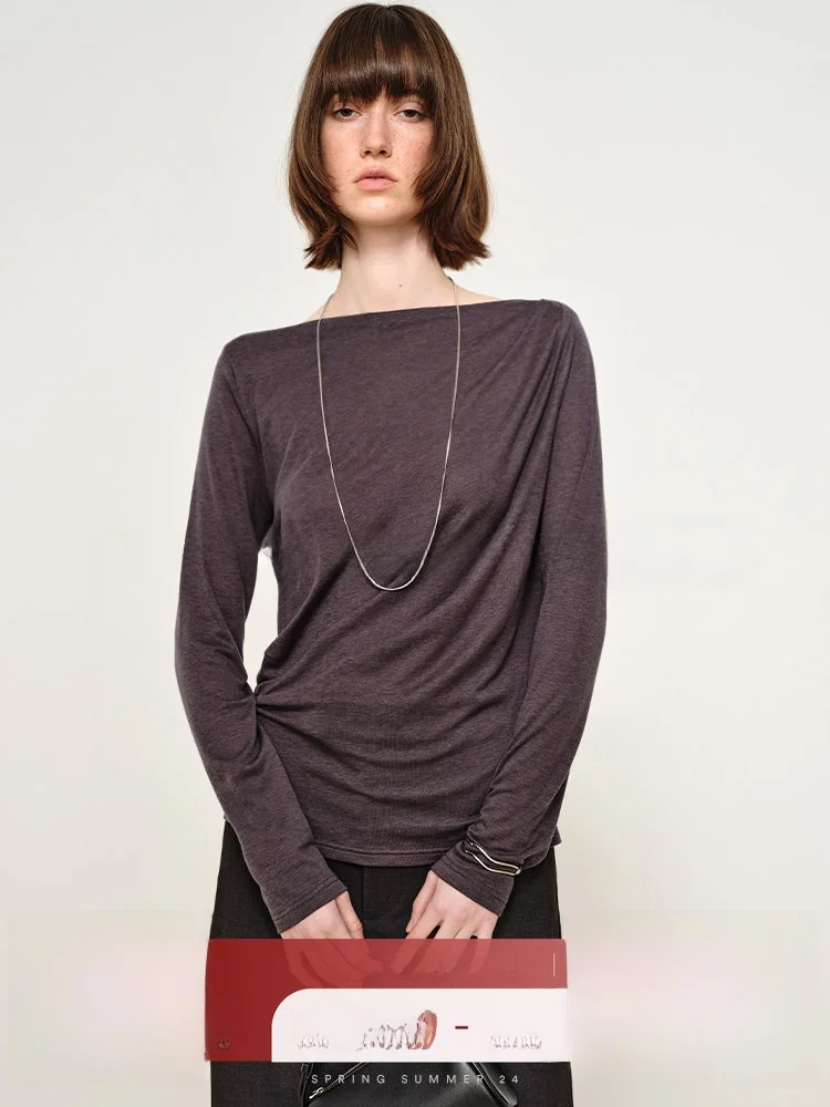 

COOBLOOM Women's Base irt Asymmetric Long Sve T-irt Silk Wool Material Color One-oulder Inner Wear Spring OL S...