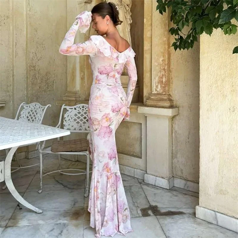 

Deep-Neck Pagoda Sleeve Women's Evening Dress Pleated High Split Bandage Gown Pink Sheath Slim Party Skirt Convient Pour l'autom