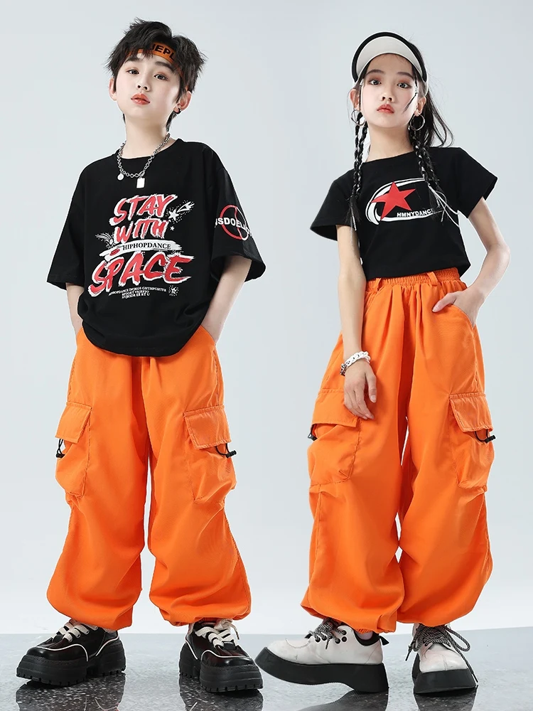 Kids Hip Hop Dance Clothes Boys Street Dancewear Girls Jazz Performance Competition Clothing Summer Tops Orange Pants BL12642