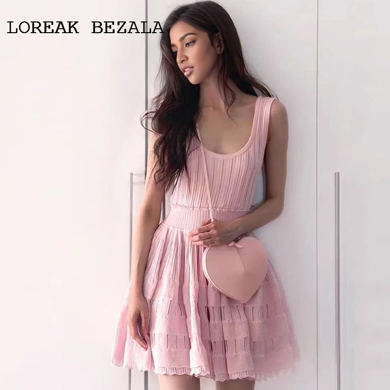 

Women's knitted dress Spring/Summer new fashionable pleated hollow suspender sleeveless dress