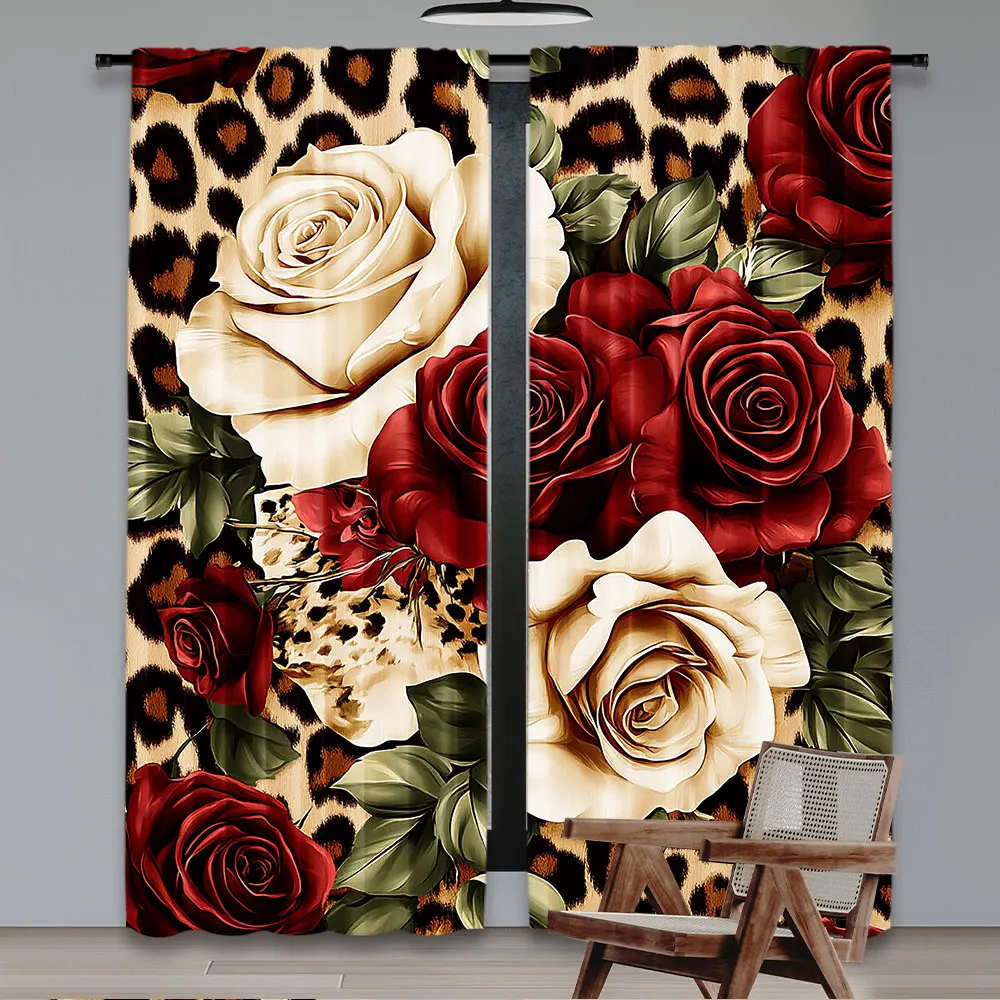 2Pcs Leopard Curtain Red And White Rose Floral Curtain Women Lover Romantic Floral Botanical For Bedroom Living Room And Dining