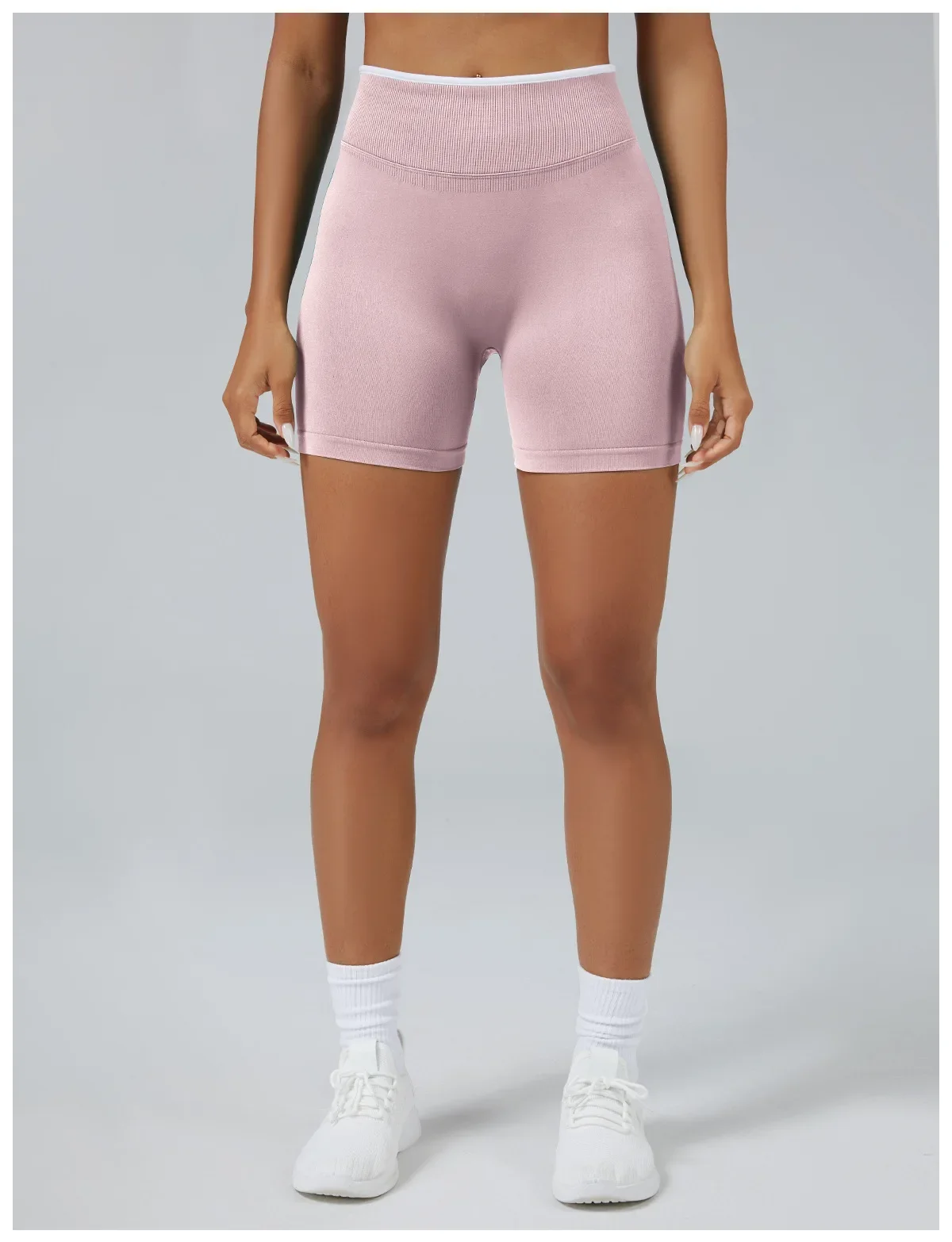 Farbblock-Sport-Yoga-Shorts Nahtlose Hochgeschnittene Sporttights Lauf- und Fitnesshosen Atmungsaktive Schnelltrocknende Sportbekleidung – Detail 5