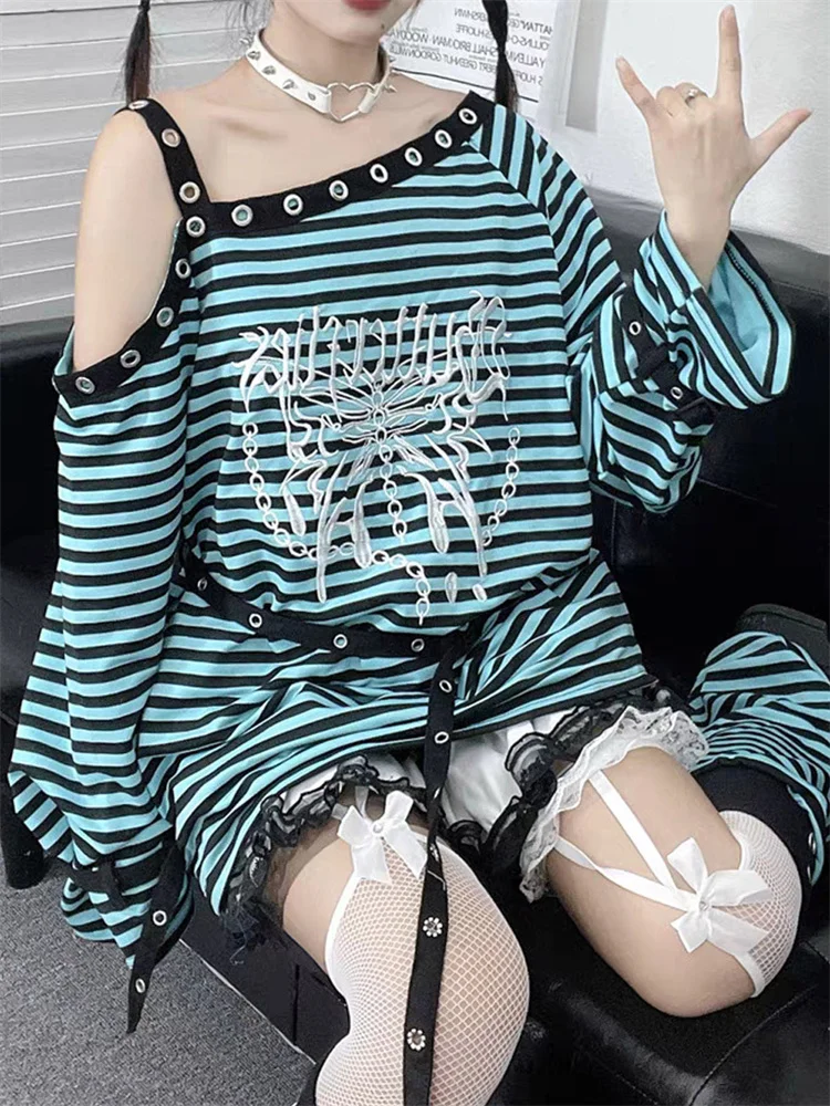 Irregular One Shouler Punk Striped Print T Shirts Embroidery Japanese Harajuku Loose 2000s Subculture Grunge Tees Leg Warmers