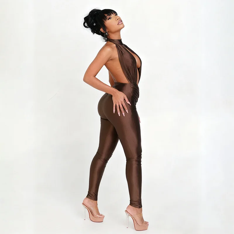 

Women Sexy Cross Ruched Backless Backless Halter Skinny Jumpsuits Hollow Out Sleeveless Peach Hips Slim Night Club Overalls