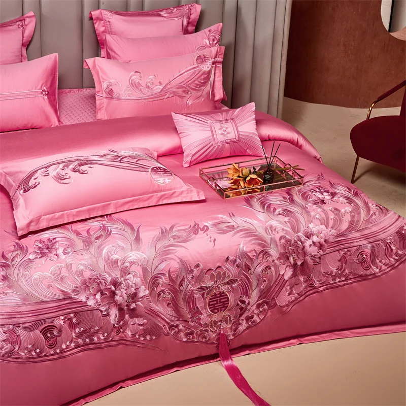 Pink Luxury Chinese Style Wedding Bedding Set Satin Jacquard Egyptian Cotton Peony Embroidery Duvet Cover Bed Sheet Pillowcases