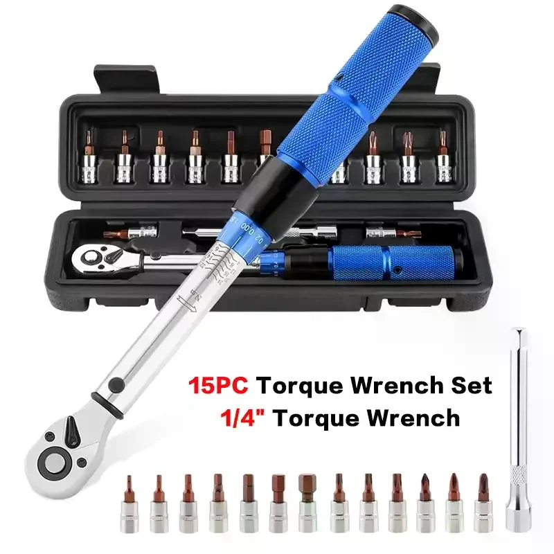 

15Pcs Professional Maintenance Tool Adjustable Torque Ratchet Wrench 1/4-inch Dual-Direction Bicycle Hex Socket Preset Wrench