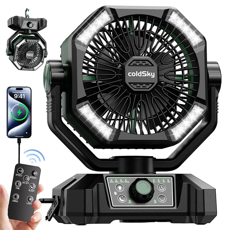 Campingventilator met 20000 mAh batterij en 4 LED-lantaarn 8 snelheden Bureauventilator Draagbare buitenventilator voor buitenkampeertent en vissen