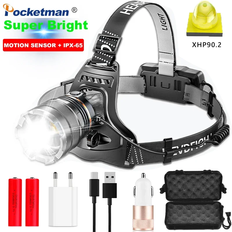 

2000LM LED Headlamp Sensor P90.2 Headlight with Built-in Battery Flashlight USB Rechargeable Head Lamp Torch Light Lantern