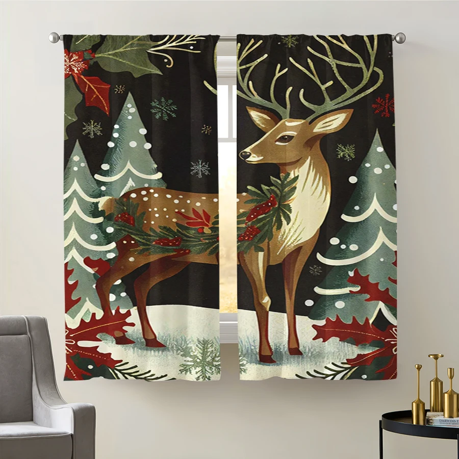 2PCS Christmas Winter Curtains, Vintage Deer Pine, Digital Print, Bedroom Living Room Kitchen, Rod Pocket Polyester, Home Decor
