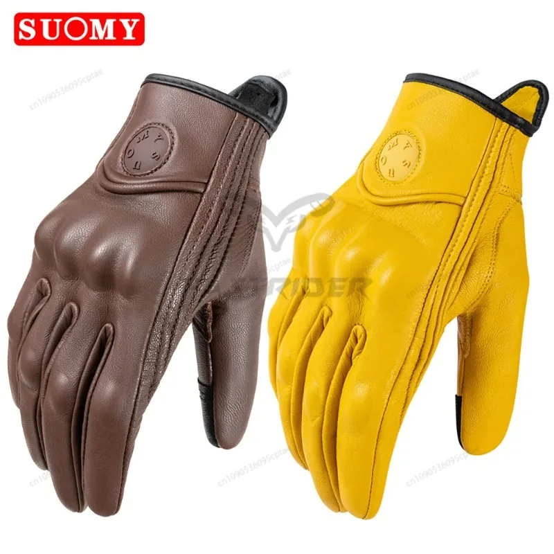 

Кожаные мотоциклетные перчатки для мужчин и женщин, перчатки для мотоциклистов с сенсорным экраном, ретро дышащие мотоциклетные перчатки для мотокросса, желтые