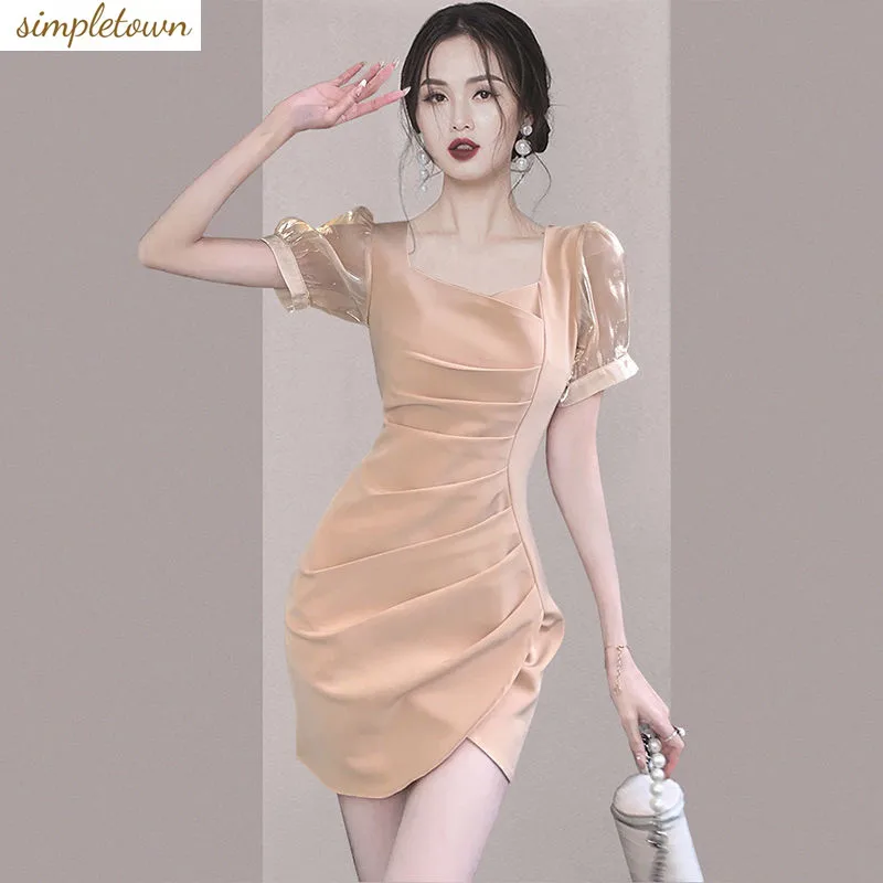 French Square Neckline Waistband Dress 2024 Spring/summer New Pleated Slim Fit Temperament High-end Women's Clothing